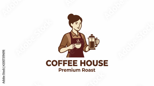 A charming illustration of a barista serving premium coffee with a French press while warmly engaging with customers at a cozy coffee house, inviting a sense of community and comfort.