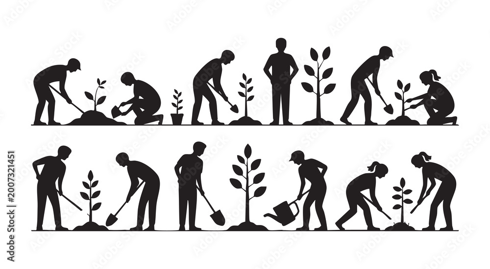 Obraz premium Collection of twelve planting and gardening silhouettes showing various activities with plants and tools