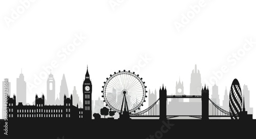 London skyline silhouette with iconic landmarks against a white background.