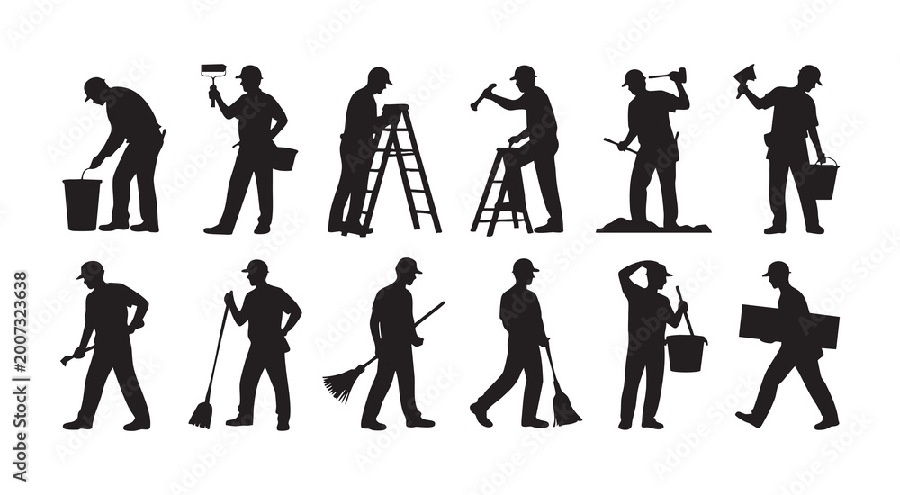 Fototapeta premium Construction workers silhouettes with tools and equipment performing various tasks