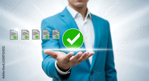 Successful completion of a digital task with a confirmation checkmark and documents