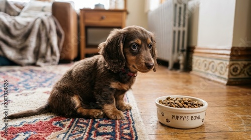Adorable long-haired dachshund puppy sits patiently beside its food bowl indoors.