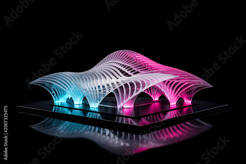 Glowing parametric architectural model with blue and pink lighting