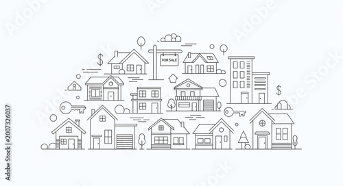 Collection of hand drawn houses and buildings in sketch style.