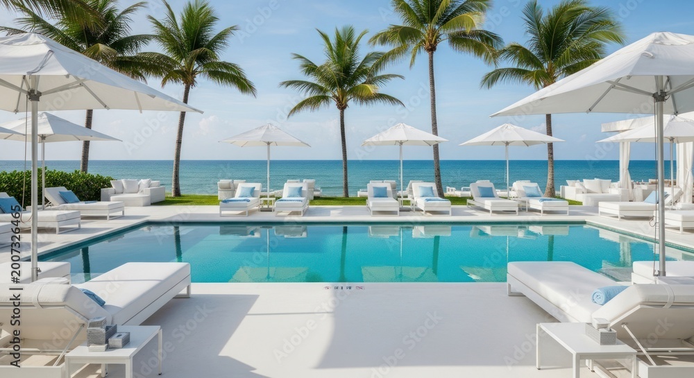 Fototapeta premium Sunlit Tropical Resort Swimming Pool Area Featuring Comfortable Loungers Under Shade Umbrellas With Palm Trees Facing The Ocean Waves During A Bright Day Providing A Relaxing Leisure Travel
