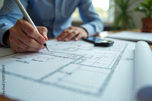Architect's Hand Drawing Blueprint with Security Equipment in Close-Up Photo
