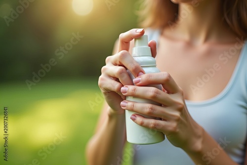 Close-up of a woman applying insect repellent spray outdoors.