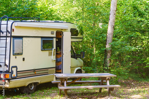 Camper camp in forest at picnic site