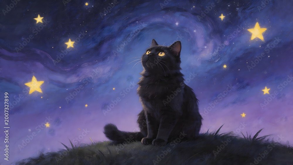 Fototapeta premium Black cat gazing at starry sky