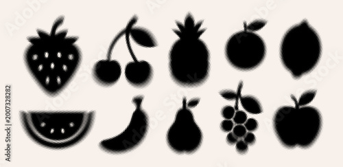 Halftone Fruit Silhouettes Set, Grainy Dot Texture Strawberry Cherry Apple Banana Grape Icons, Retro Stipple Vector Collection
