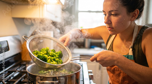 Young Woman Blanching Fresh Organic Broccoli for Healthy Meal
