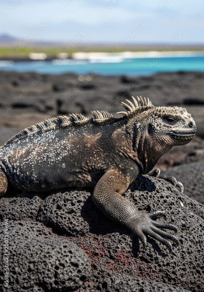 Fototapeta premium Marine iguana rests on volcanic rock near ocean in bright sunlight