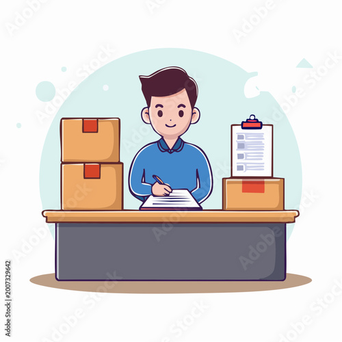 Cartoon man working at desk with boxes and clipboard