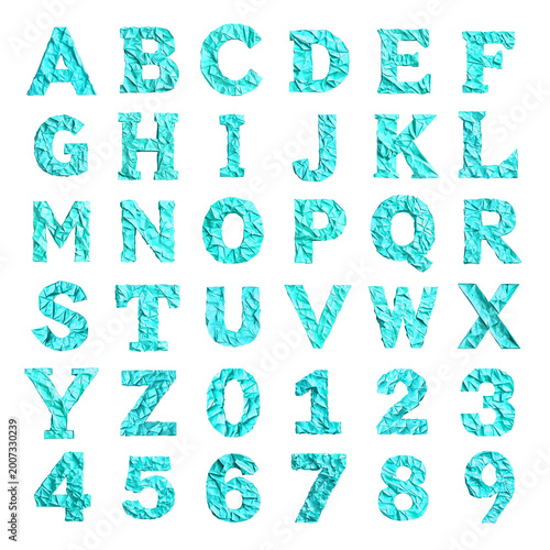 Aqua Crinkled paper shaped letters and numbers isolated on a white transparent background