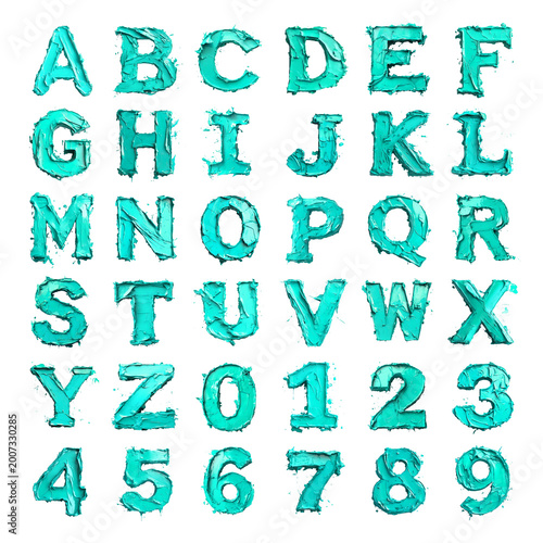 Aqua paint shaped letters and numbers isolated on a white transparent background