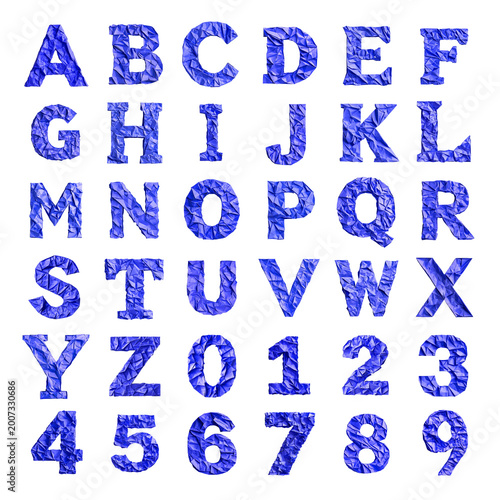 Blue Crinkled paper shaped letters and numbers isolated on a white transparent background
