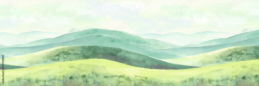 Naklejka premium Spring greenery on the hills, watercolor green background. Drawing of summer nature under blue sky and clouds. Watercolor illustration