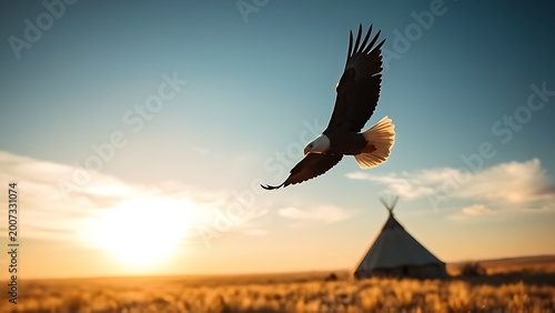 mephistopheles. Bald eagle flying over prairie with tent in distance during golden hour. wildlife magazines, conservation campaigns, designed for wildlife conservation campaigns.