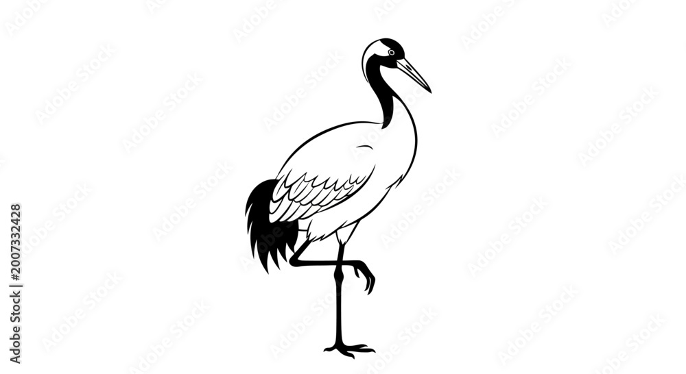 Fototapeta premium A black and white illustration of a crane standing on one leg.