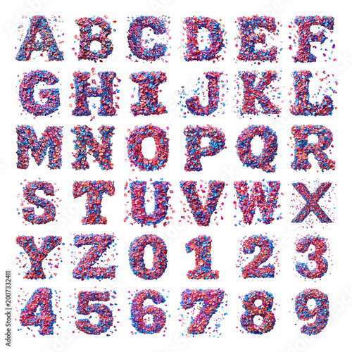 colorful confetti shaped letters and numbers isolated on a white transparent background