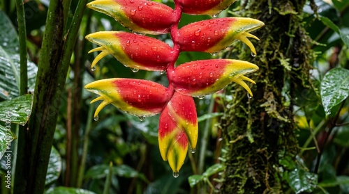 Vibrant red and yellow Heliconia flowers bloom in a lush tropical rainforest environment.