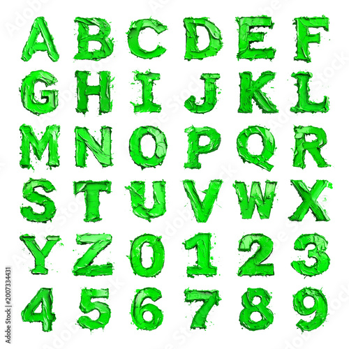 Green paint shaped letters and numbers isolated on a white transparent background