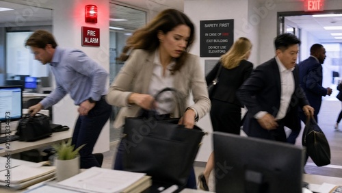 Group of Office Workers Evacuating Corporate Workplace During Fire Alarm Emergency