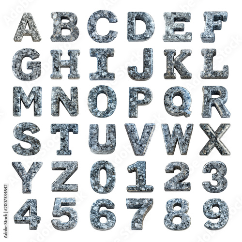 grey mist granite shaped letters and numbers isolated on a white transparent background