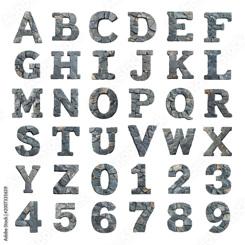 light grey slate shaped letters and numbers isolated on a white transparent background