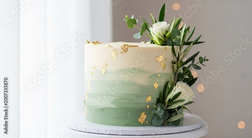 A Tiered Cake Decorated With Green Ombre Cream And Edible Gold Leaf Accents Featuring Natural Foliage Topping For A Wedding Or Birthday Celebration In A Festive Setting During A Happy Event Party