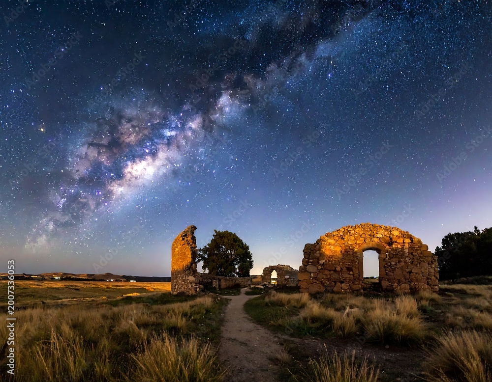 Fototapeta premium Ancient stone ruins under a starry night sky with the Milky Way