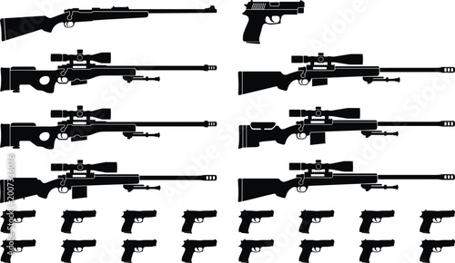 Foto Set of rifle and pistol silhouettes with sniper scopes isolated on light backgro
