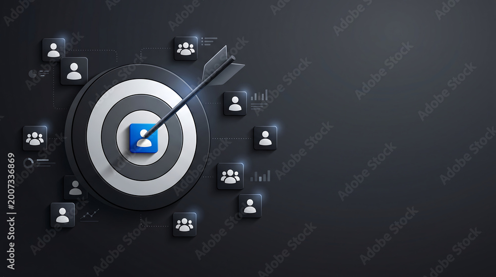 Fototapeta premium Digital target with arrow hitting bullseye surrounded by customer profile icons and data charts representing targeted marketing audience segmentation and business growth strategy