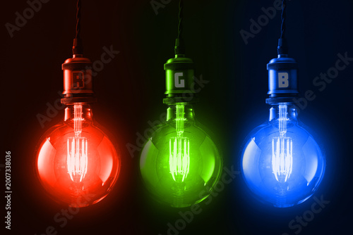 RGB Light Bulbs Concept Red Green Blue Glow Illuminated Lamps on Dark Background