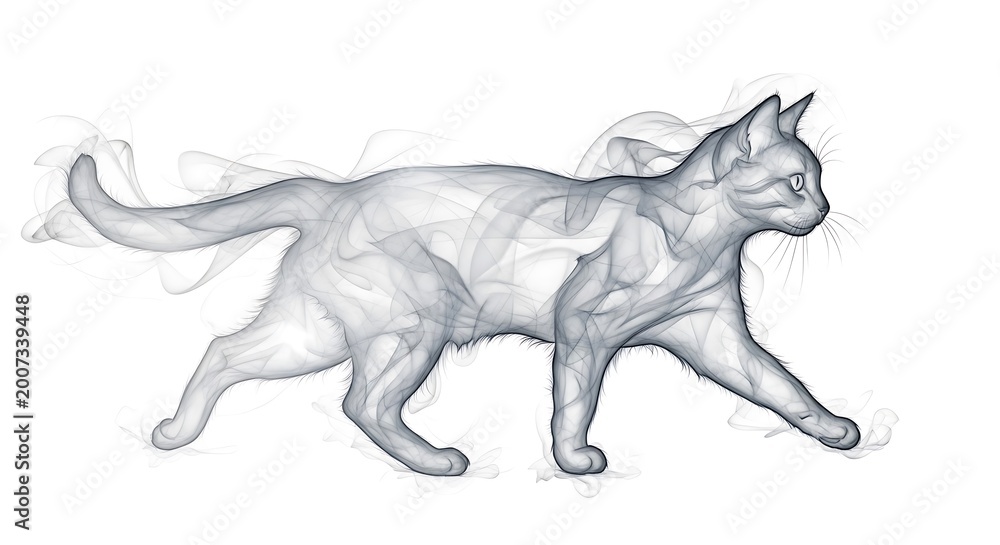 Fototapeta premium A gray cat form constructed from wisps of smoke, striding gracefully on a white background