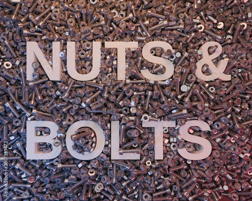 3d image of nuts and bolts covering the floor and surrounding the text. 