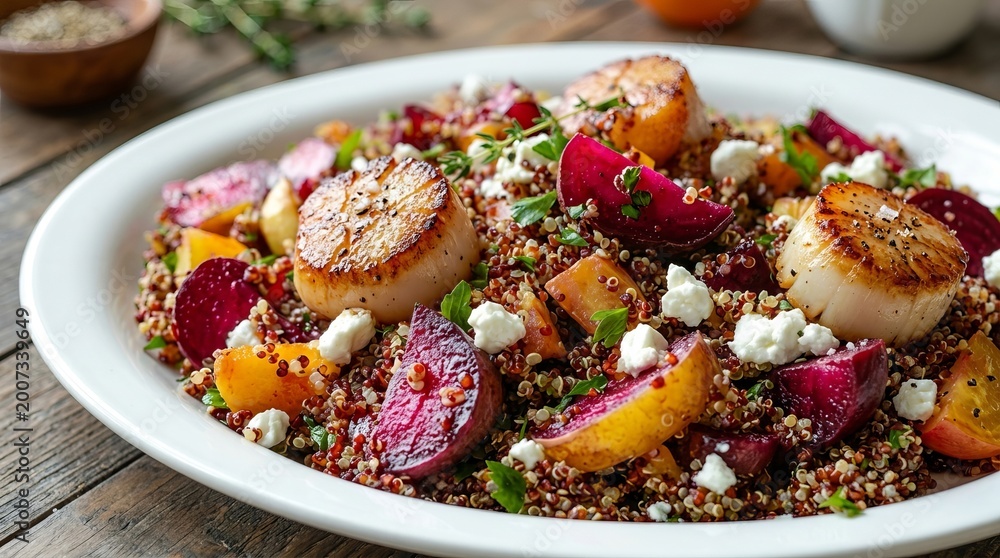 Fototapeta premium Delicious seared scallops atop a vibrant quinoa salad with roasted beets and feta cheese.