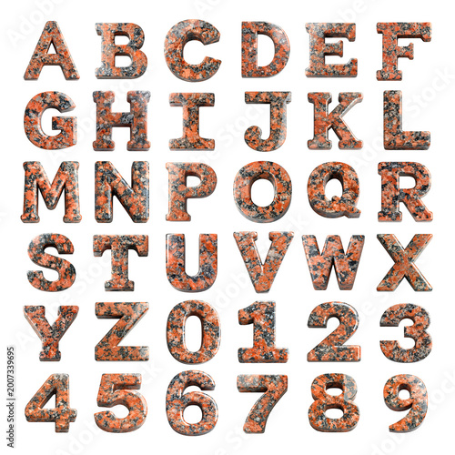 red dragon granite shaped letters and numbers isolated on a white transparent background
