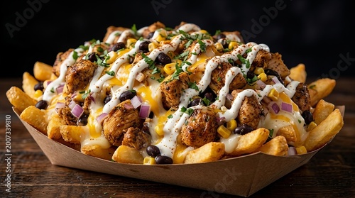 Delicious loaded fries overflowing with savory toppings and creamy sauce