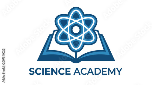 Foto An innovative logo illustrating an atom over an open book, representing a science academy focused on education, exploration, and knowledge in the scientific realm