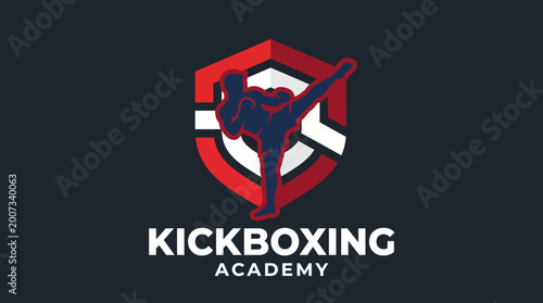 Fotografie An impactful logo illustrating a dynamic kickboxing fighter in an aggressive pose, emphasizing strength, focus, and discipline, perfect for a Kickboxing Academy