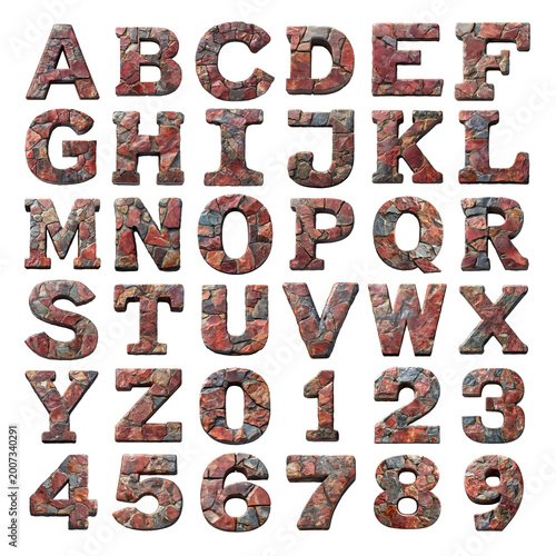 Red Slate shaped letters and numbers isolated on a white transparent background
