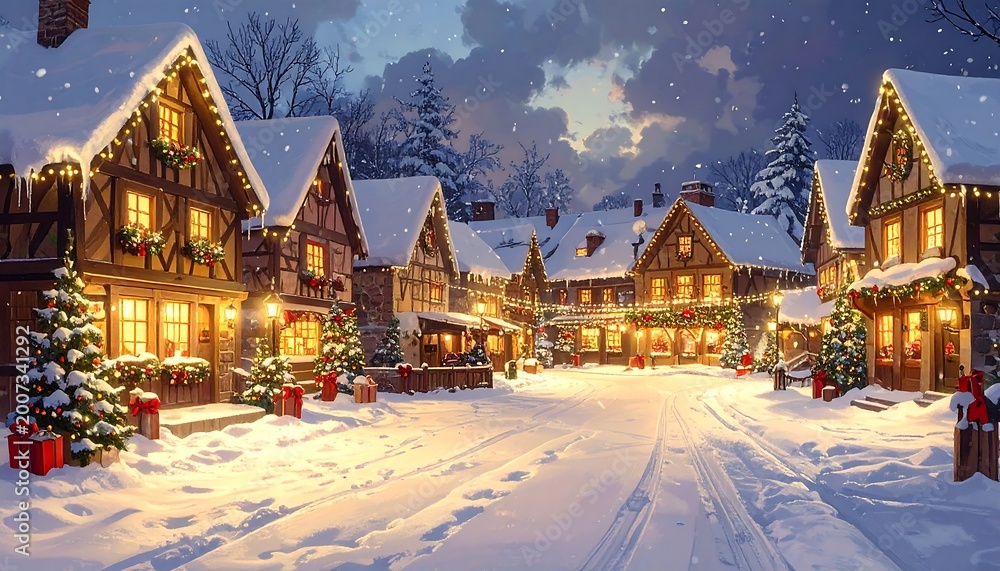 Fototapeta premium Snowy village scene with houses and trees