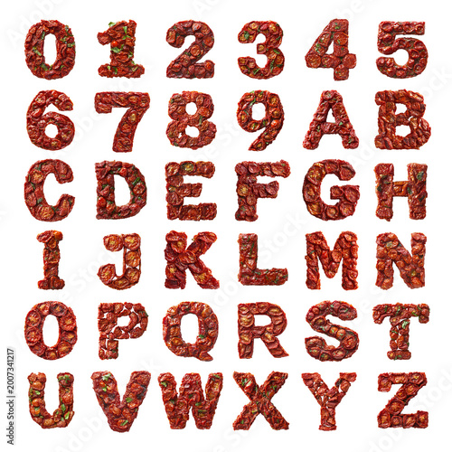 Sun-dried tomato dip shaped letters and numbers isolated on a white transparent background