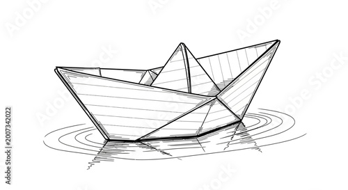 Bild auf Leinwand Hand-drawn origami paper boat floating on water ripples, black and white sketch