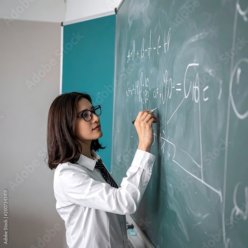 A woman in a lab coat writing on a chalkboard with equations