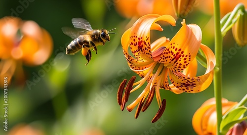 Bee approaching vibrant orange flower with spotted petals in sunlight