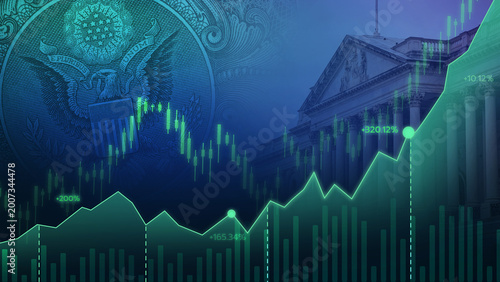 Stock market chart with green line chart bank usa building background