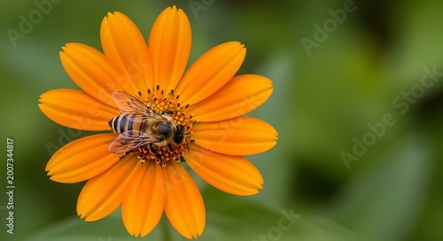 Bee pollinating bright orange flower closeup against green background
