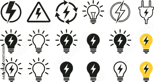 Konstfotografi Electricity and energy vector icon set featuring lightbulb, lightning bolt, powe